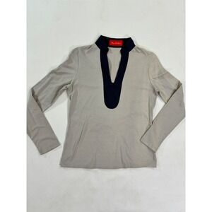 Mrs. Dutton Long Sleeve V Neck Tunic Top Women's Size M‎ Beige Navy